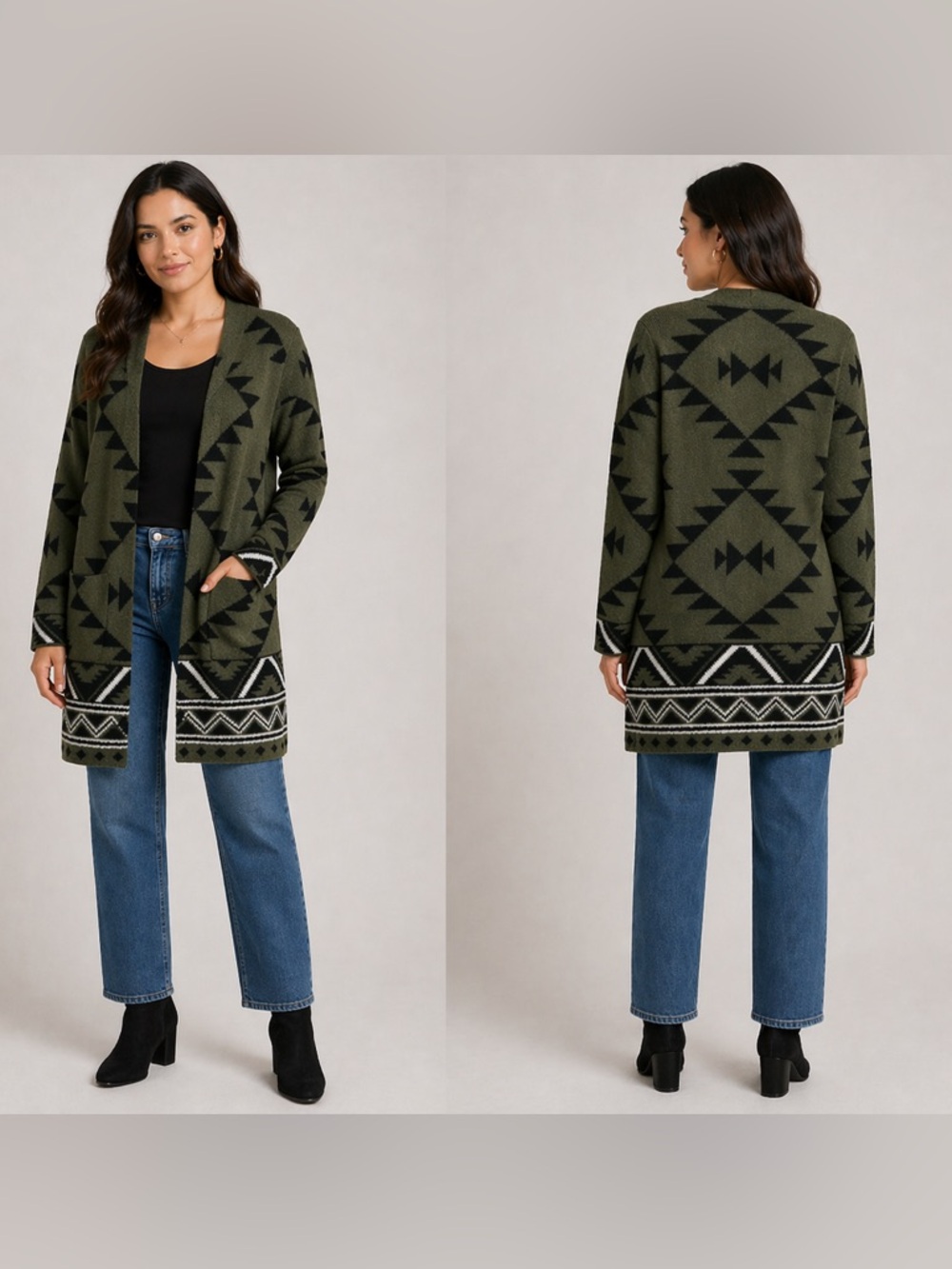 FRYE Sweater Womens Cozy Aztec Open Front Cardigan Olive Green Black Pockets S
